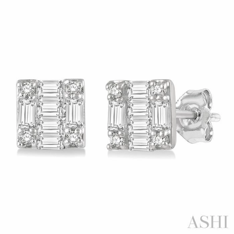1/6 Ctw Square Shape Baguette and Round Cut Diamond Petite Fashion Earring in 14K White Gold. Monochrome Mood