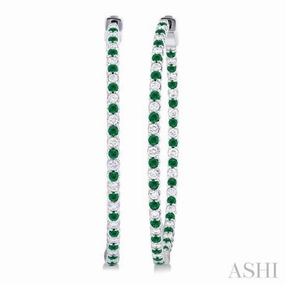 1.6 MM Round Emerald and 1 ctw Round Cut Diamond Precious Inside-Out Alternating Hoop Earrings in 14K White Gold Smooth Glow Seasonal Light