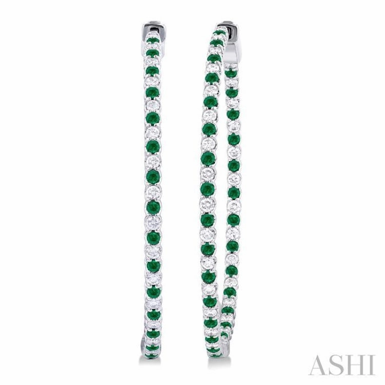 1.6 MM Round Emerald and 1 ctw Round Cut Diamond Precious Inside-Out Alternating Hoop Earrings in 14K White Gold Smooth Glow Seasonal Light