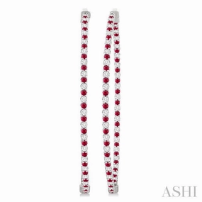 Shiny Features 1.6 MM Ruby and Alternating 1 1/2 Ctw Round Cut Inside-Out Diamond Precious Hoop Earrings in 14K White Gold