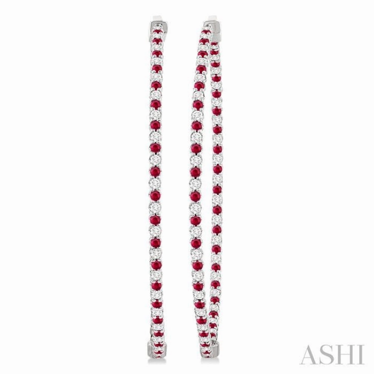 Shiny Features 1.6 MM Ruby and Alternating 1 1/2 Ctw Round Cut Inside-Out Diamond Precious Hoop Earrings in 14K White Gold