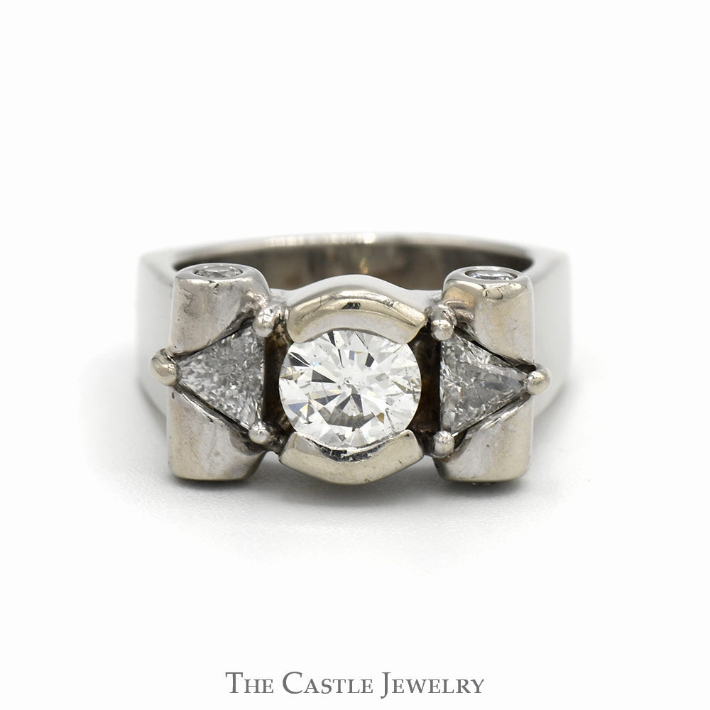 1.75cttw Bezel Set Diamond Ring with Trillion Cut Diamond Accents in 14k White Gold traditional style Artistic Adornment