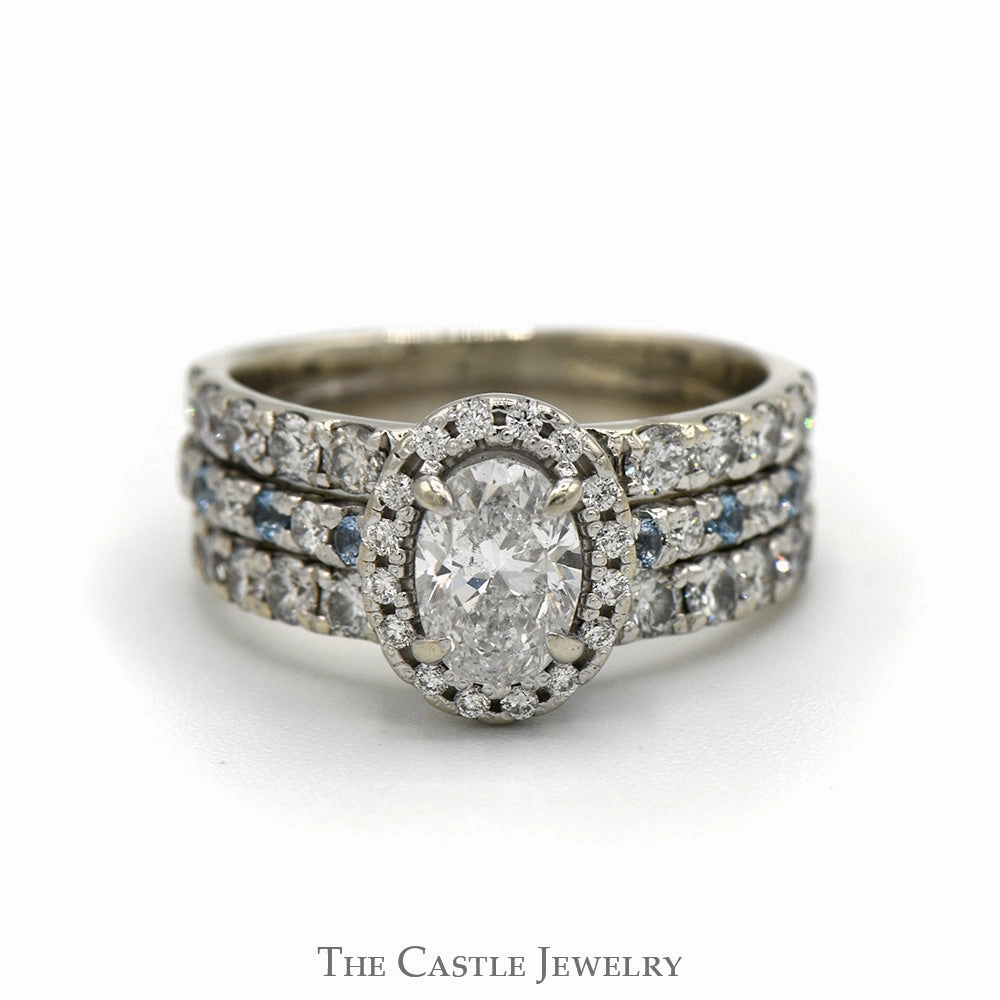 1.75cttw Oval Cut Diamond Solitaire Bridal Set with Diamond Halo, Aquamarine Accented Sides and Matching Diamond Bands in 14k White Gold Delicate Work Luxury Structure