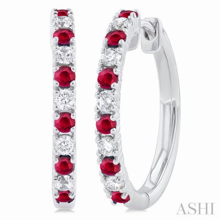 Fashion Gift Trendy Design 1.80 MM Round Shape Ruby and 1/4 Ctw Round Cut Diamond Precious Hoop Earring in 10K White Gold
