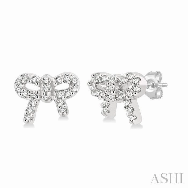 1/8 Ctw Bow Tie Round Cut Diamond Petite Fashion Earring in 10K White Gold Glitter Detail Radiant Gifts