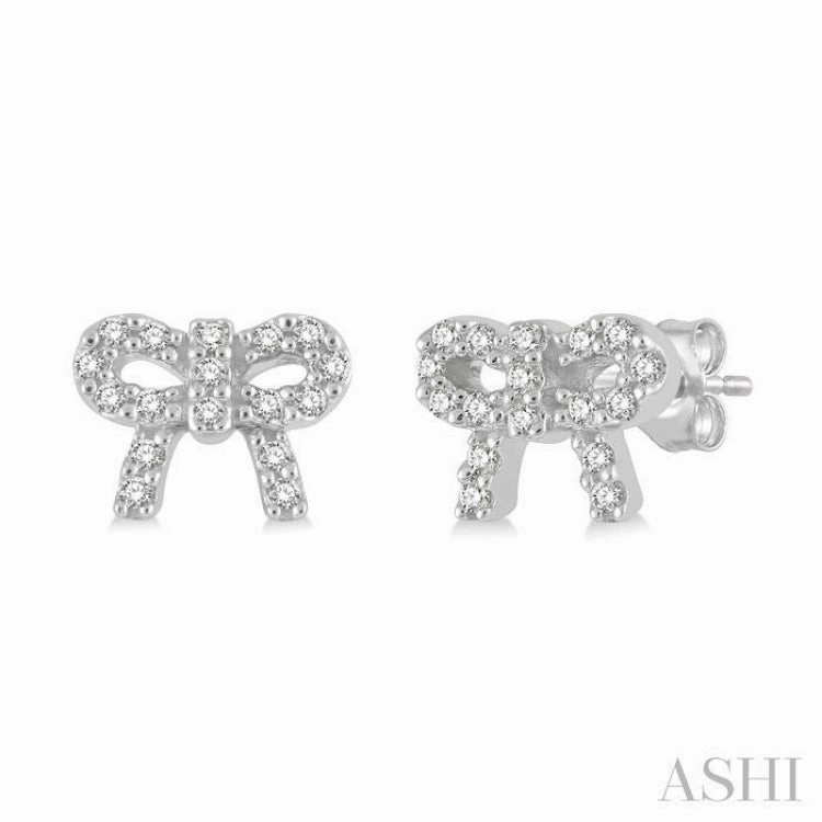 Distinctive Touch Pieces Alluring Accent 1/8 Ctw Bow Tie Round Cut Diamond Petite Fashion Earring in 14K White Gold