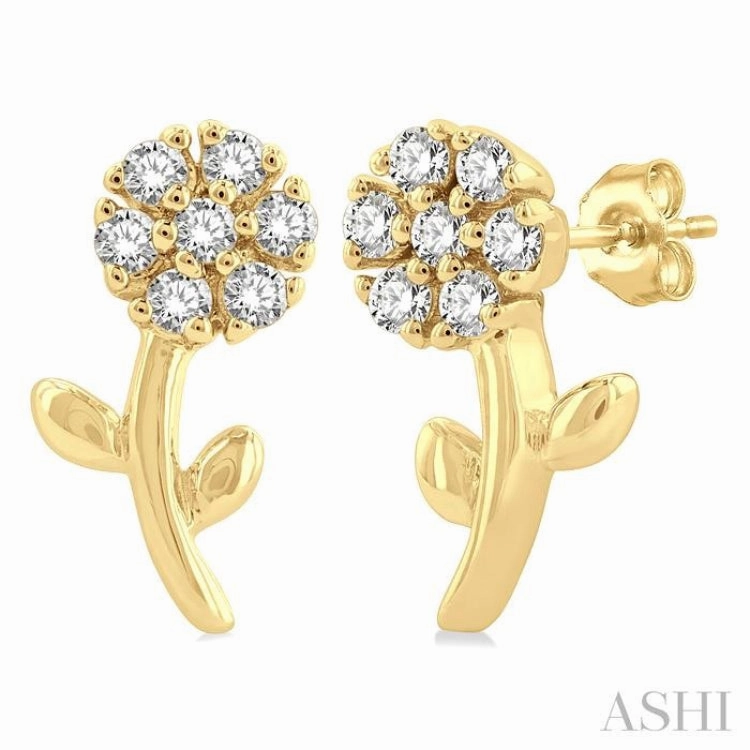 Fresh Accent 1/8 Ctw Floral Round Cut Diamond Petite Fashion Stud Earring in 10K Yellow Gold