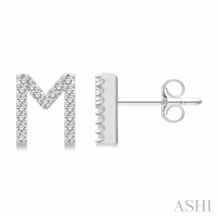 1/8 Ctw Initial 'M' Round Cut Diamond Earrings in 10K White Gold Shiny Details Modern Contour