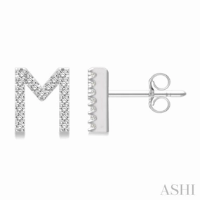 1/8 Ctw Initial 'M' Round Cut Diamond Earrings in 10K White Gold Shiny Details Modern Contour