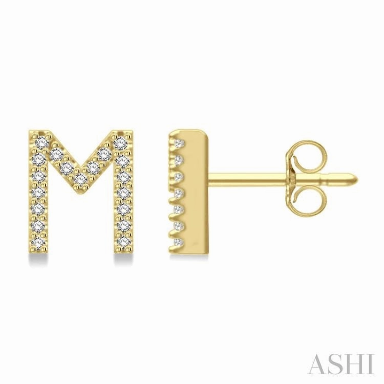 1/8 Ctw Initial 'M' Round Cut Diamond Earrings in 10K Yellow Gold Bright Highlight Moonlight Mood
