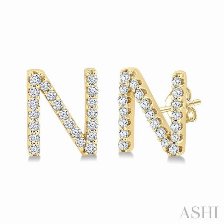 1/8 Ctw Initial 'N' Round Cut Diamond Earrings in 10K Yellow Gold Iconic Touch Contemporary Feature