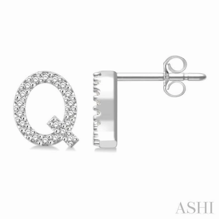 1/8 Ctw Initial 'Q' Round Cut Diamond Earrings in 10K White Gold Chic Design