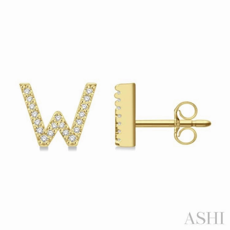 Radiant Touch 1/8 Ctw Initial 'W' Round Cut Diamond Earrings in 10K Yellow Gold