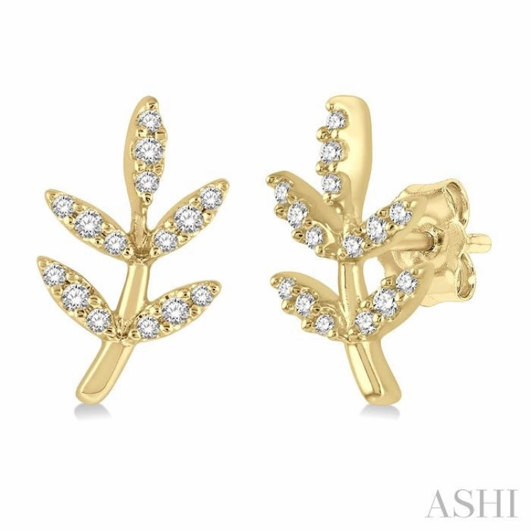 1/8 Ctw Leaf Motif Round Cut Diamond Petite Fashion Earring in 14K Yellow Gold Distinctive Look