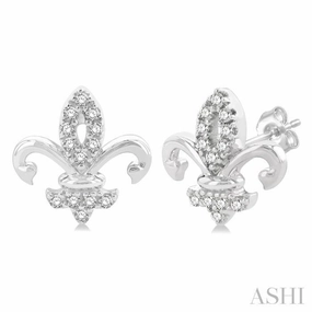Captivating Accent Glossy Vibe 1/8 Ctw Petite Fleur De Lis Round Cut Diamond Fashion Stud Earring in 10K White Gold