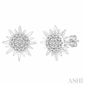 Radiant Surface High-End Quality 1/8 Ctw Petite Sun Round Cut Diamond Fashion Stud Earring in 10K White Gold
