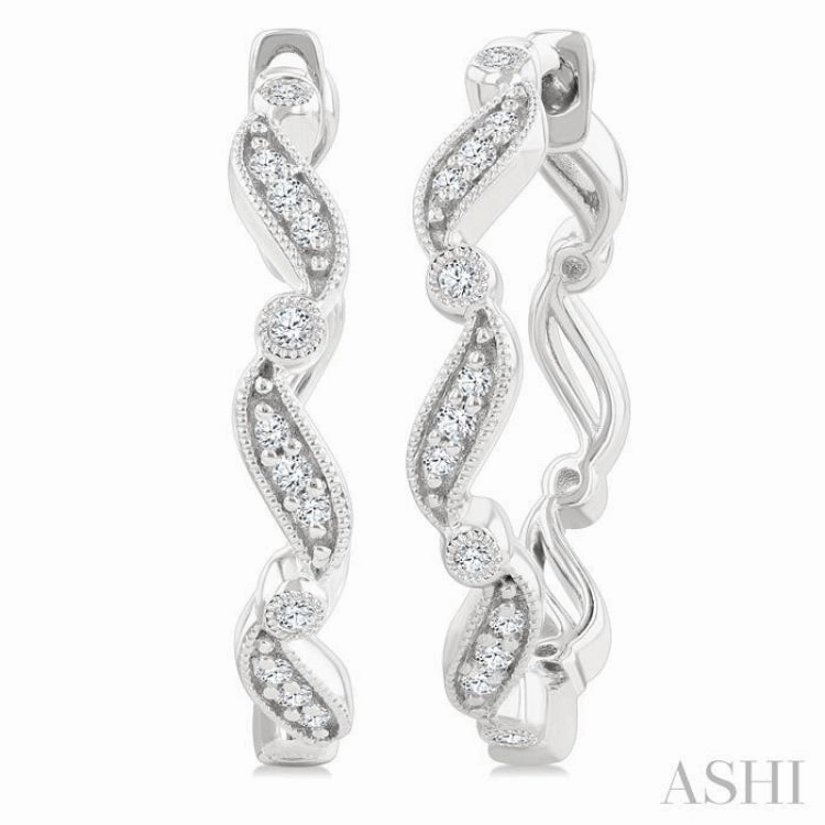 Trendy Finish 1/8 Ctw Wavy Pattern Single Cut Diamond Fashion Hoop Earrings in 10K White Gold