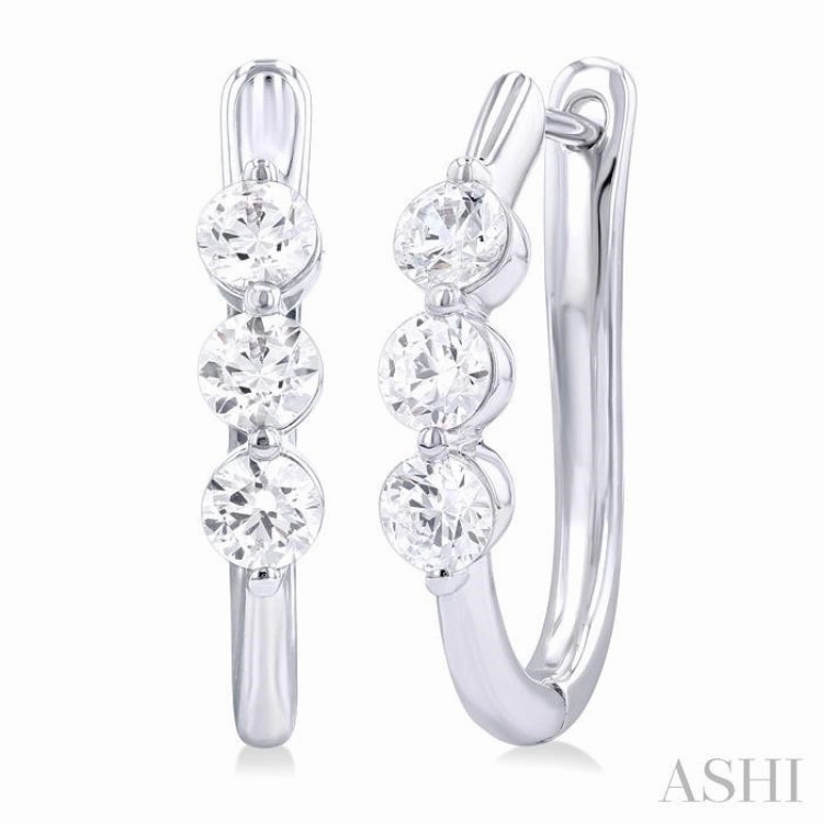 1 ctw 3-Stone Round Cut Diamond Fashion Hoop Earring in 14K White Gold Timeless Gem Elegant Highlight