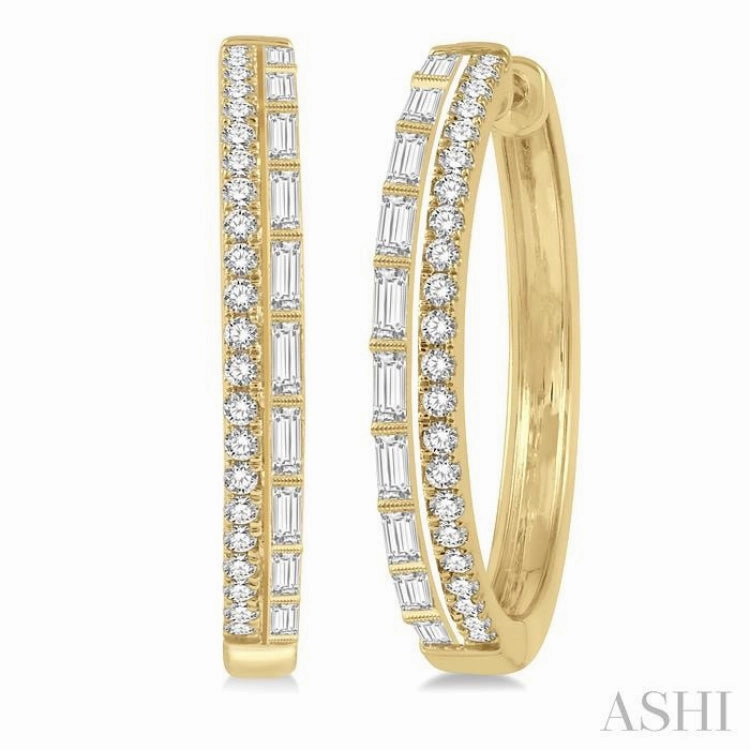1 ctw Baguette and Round Cut Diamond Fashion Hoop Earring in 14K Yellow Gold Gift Choice Quick Style