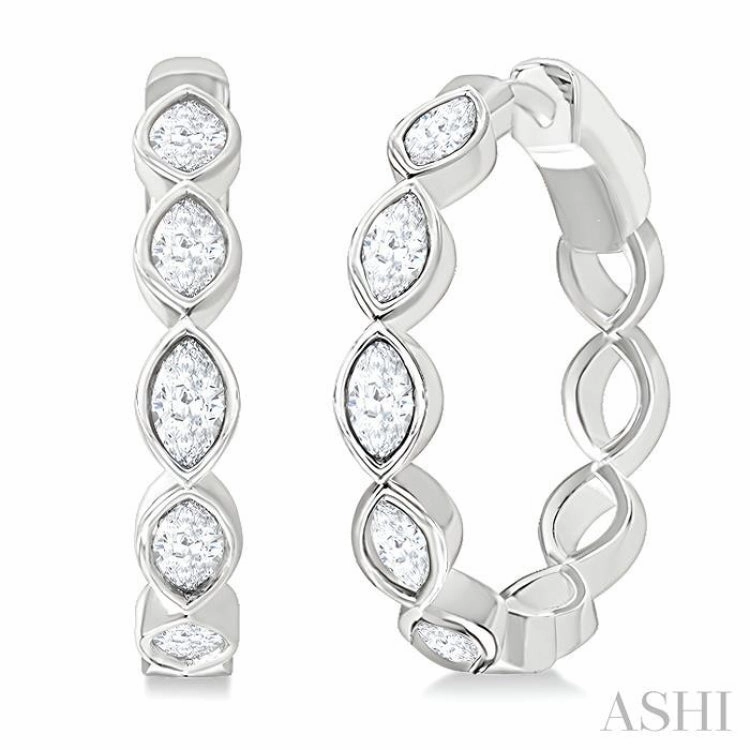 All Day Wear 1 Ctw Bezel Set Marquise Cut Diamond Fashion Hoop Earrings in 14K White Gold
