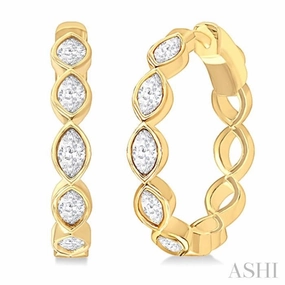 Textured Layers 1 Ctw Bezel Set Marquise Cut Diamond Fashion Hoop Earrings in 14K Yellow Gold