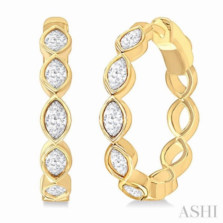 Textured Layers 1 Ctw Bezel Set Marquise Cut Diamond Fashion Hoop Earrings in 14K Yellow Gold