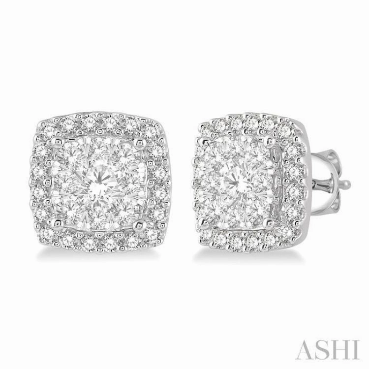 1 Ctw Cushion Shape Lovebright Round Cut Diamond Stud Earrings in 14K White Gold Elegant Pair