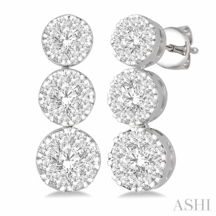 1 Ctw Hanging Triple Mount Lovebright Round Cut Diamond Earring in 14K White Gold Handcrafted Feel