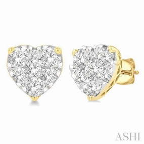 1 Ctw Heart Shape Lovebright Round Cut Diamond Stud Earring in 14K Yellow and White Gold Everyday Pick Creative Feature