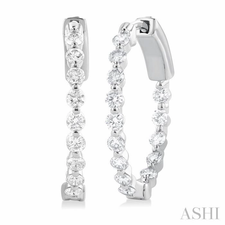 Premium Piece 1 ctw Inside-Out Single Prong Set Round Cut Diamond Hoop Earrings in 14K White Gold