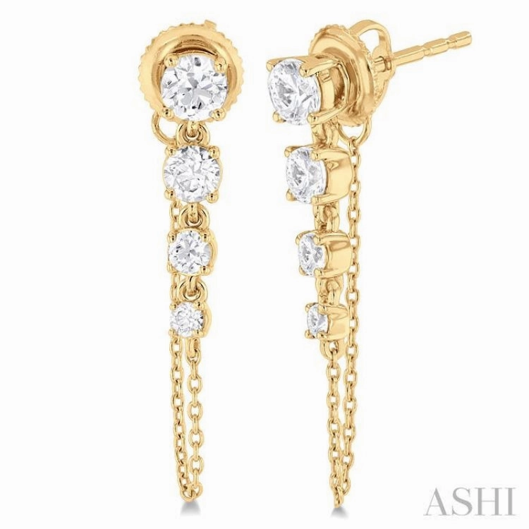 Clean Style Seasonal Look 1 Ctw Journey Round Cut Diamond Fashion Long Chain Earring in 14K Yellow Gold