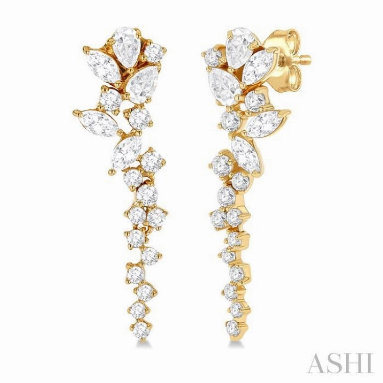 1 ctw Mixed Shape Diamond Scatter Fashion Long Earring in 14K Yellow Gold Handcrafted Detail