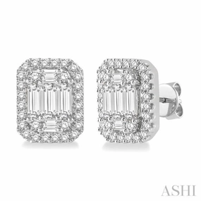 family event 1 Ctw Octagonal Baguette & Round Cut Diamond Stud Earrings in 14K White Gold