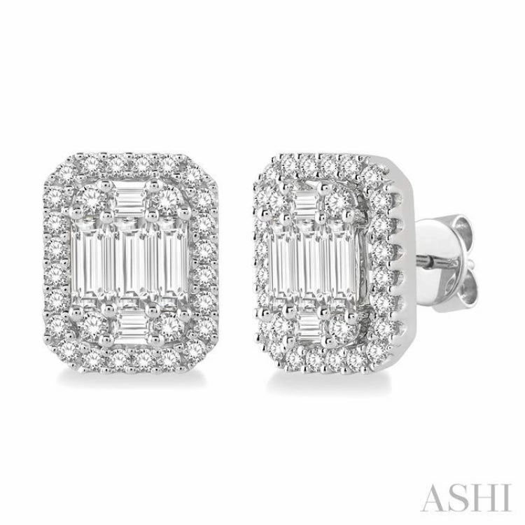 family event 1 Ctw Octagonal Baguette & Round Cut Diamond Stud Earrings in 14K White Gold