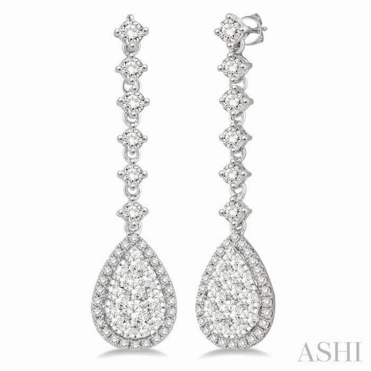 Allure Form 1 ctw Pear Shape Dangler Round Cut Diamond Lovebright Earrings in 14K White Gold