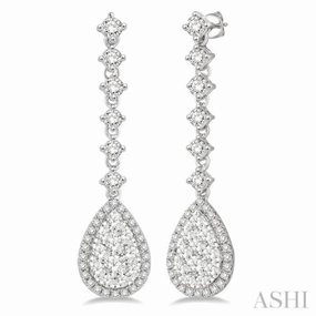 Allure Form 1 ctw Pear Shape Dangler Round Cut Diamond Lovebright Earrings in 14K White Gold