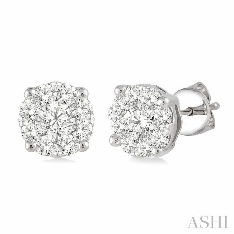 Evening Glamour Romantic Glow 1 Ctw Round Cut Lovebright Diamond Stud Earrings in 14K White Gold