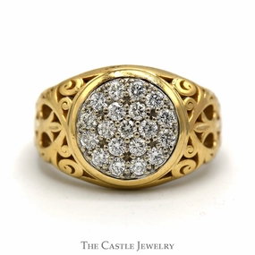 Cool Accent Flexible Design 1cttw 19 Diamond Kentucky Cluster Ring with Filigree Sides in 10k Yellow Gold