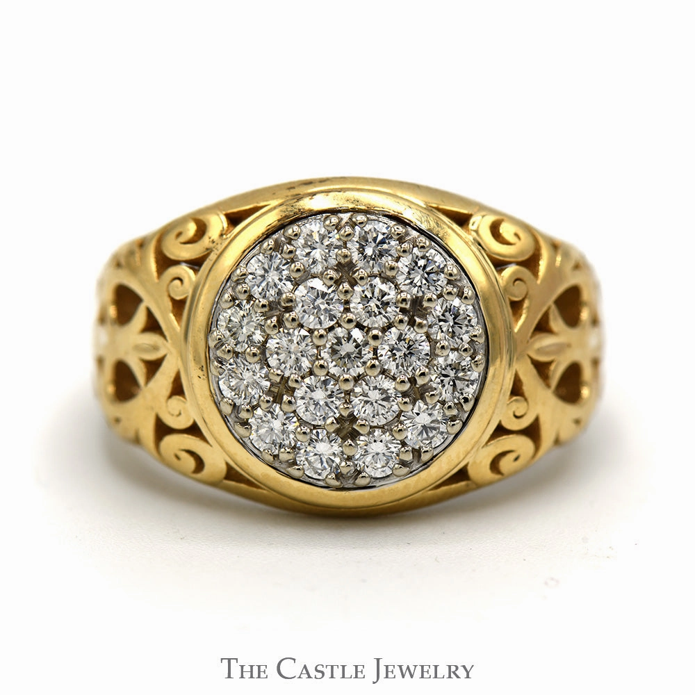Cool Accent Flexible Design 1cttw 19 Diamond Kentucky Cluster Ring with Filigree Sides in 10k Yellow Gold