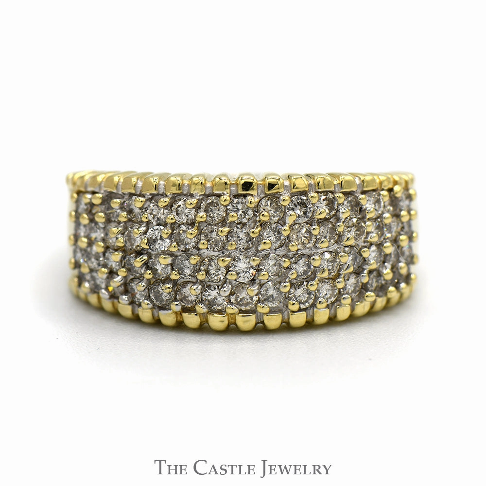 1cttw 4 Row Diamond Cluster Ring with Beaded Edges in 14k Yellow Gold Style Ready