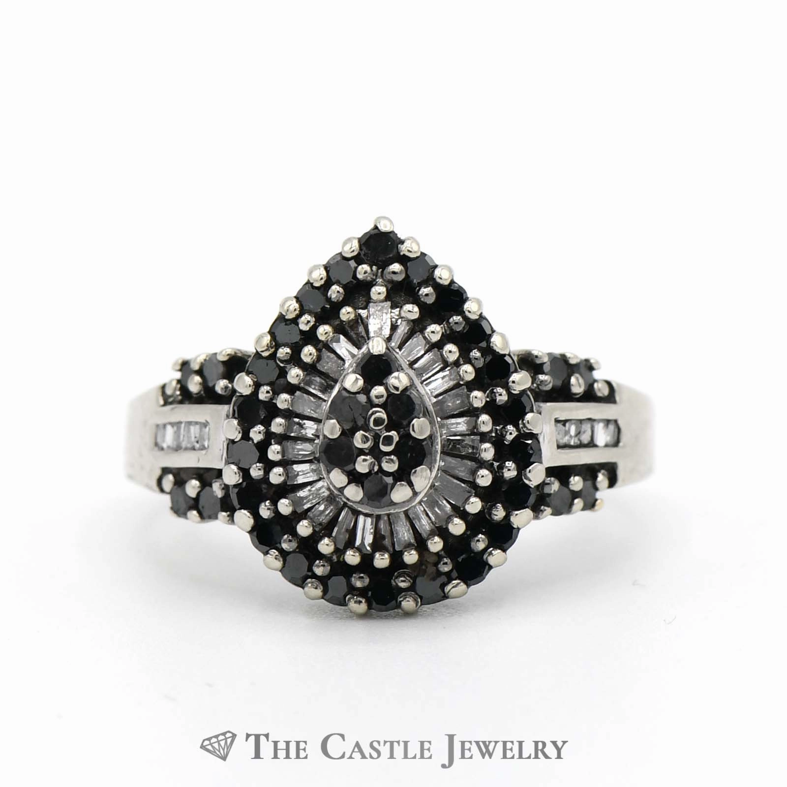 High-End Craft Elegant Set 1cttw Black & White Diamond Pear Shaped Cluster Ring in 14k White Gold