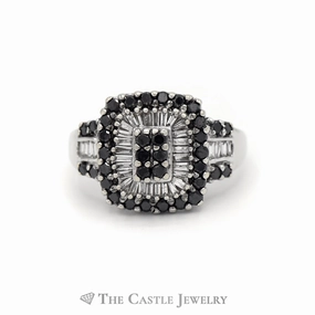 1CTTW Black and White Diamond Cluster Ring in 14KT White Gold Stylish Accent Fresh Vibe