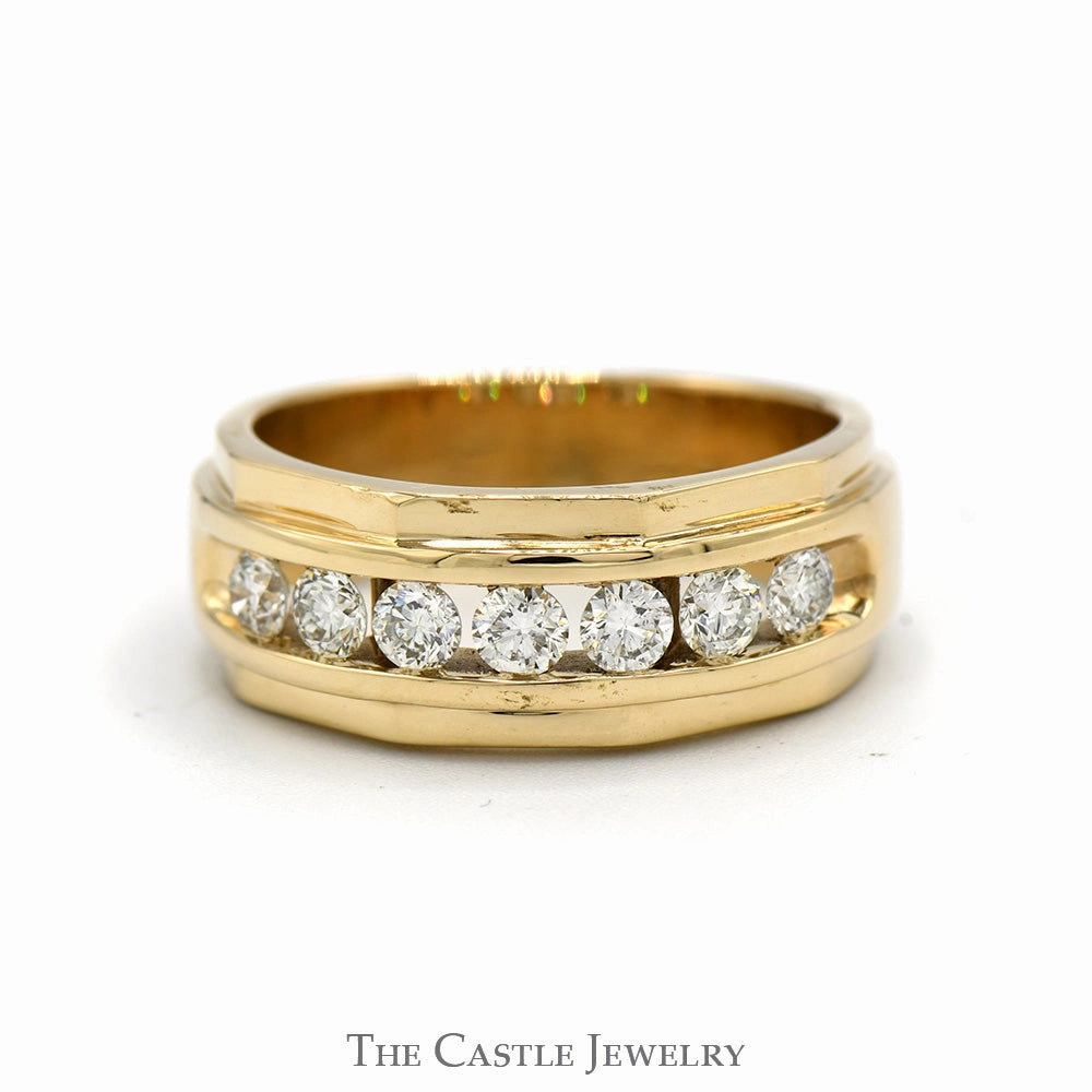 Ornate Adornment 1cttw Channel Set Round 7 Diamond Men's Band in 10k Yellow Gold