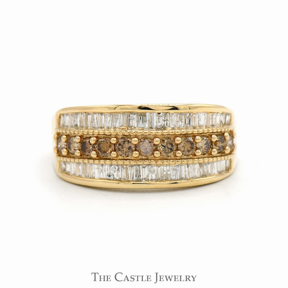 1cttw Cocoa Diamond Band with Baguette Cut Diamond Edges in 10k Yellow Gold Cute Gift Premium Accent