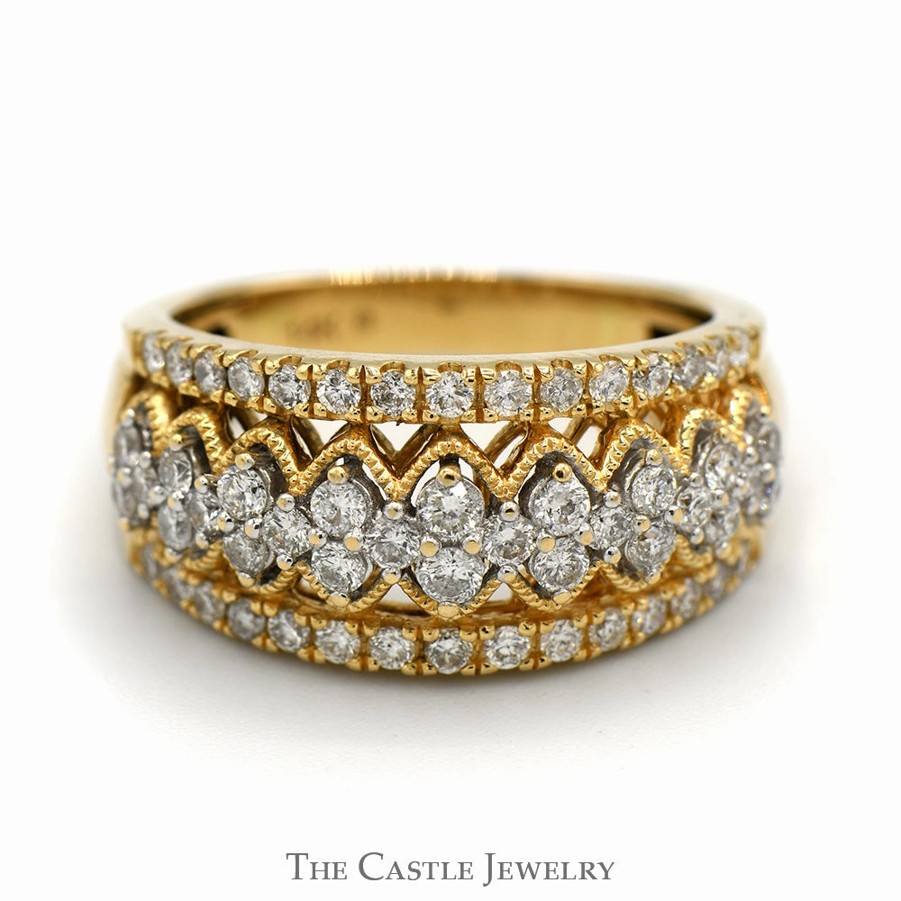 1cttw Diamond Cluster Band with Intricate Open Design in 14k Yellow Gold Amazing Jewelry