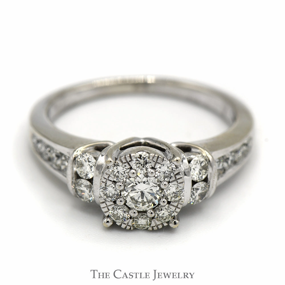 Excellent Appearance Sweetheart Gift 1cttw Diamond Cluster Engagement Ring with Channel Set Accents in 14k White Gold