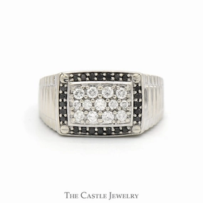 Modern Touch Romantic Article 1cttw Diamond Cluster Ring with Black Diamond Bezel and Ridged Sides in 10k White Gold