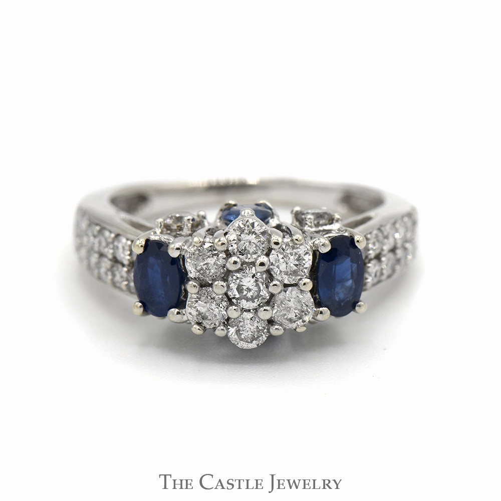 1cttw Diamond Flower Cluster Engagement Ring with Sapphire & Diamond Accents in 10k White Gold Embossed Pattern