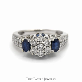 1cttw Diamond Flower Cluster Engagement Ring with Sapphire & Diamond Accents in 10k White Gold Embossed Pattern