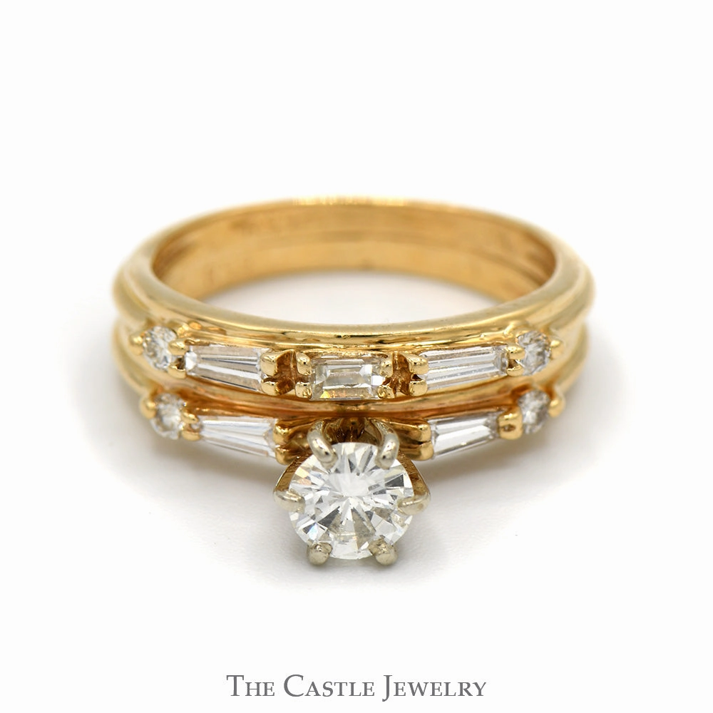 1cttw Diamond Solitaire Bridal Set with Baguette Accents and Matching Band in 14k Yellow Gold Branded Adornment